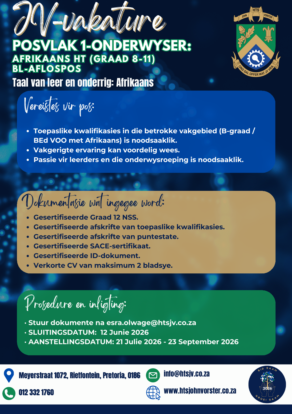 Posvlak 1-Onderwyser: Afrikaans HT (Graad 8-11) BL-Aflospos