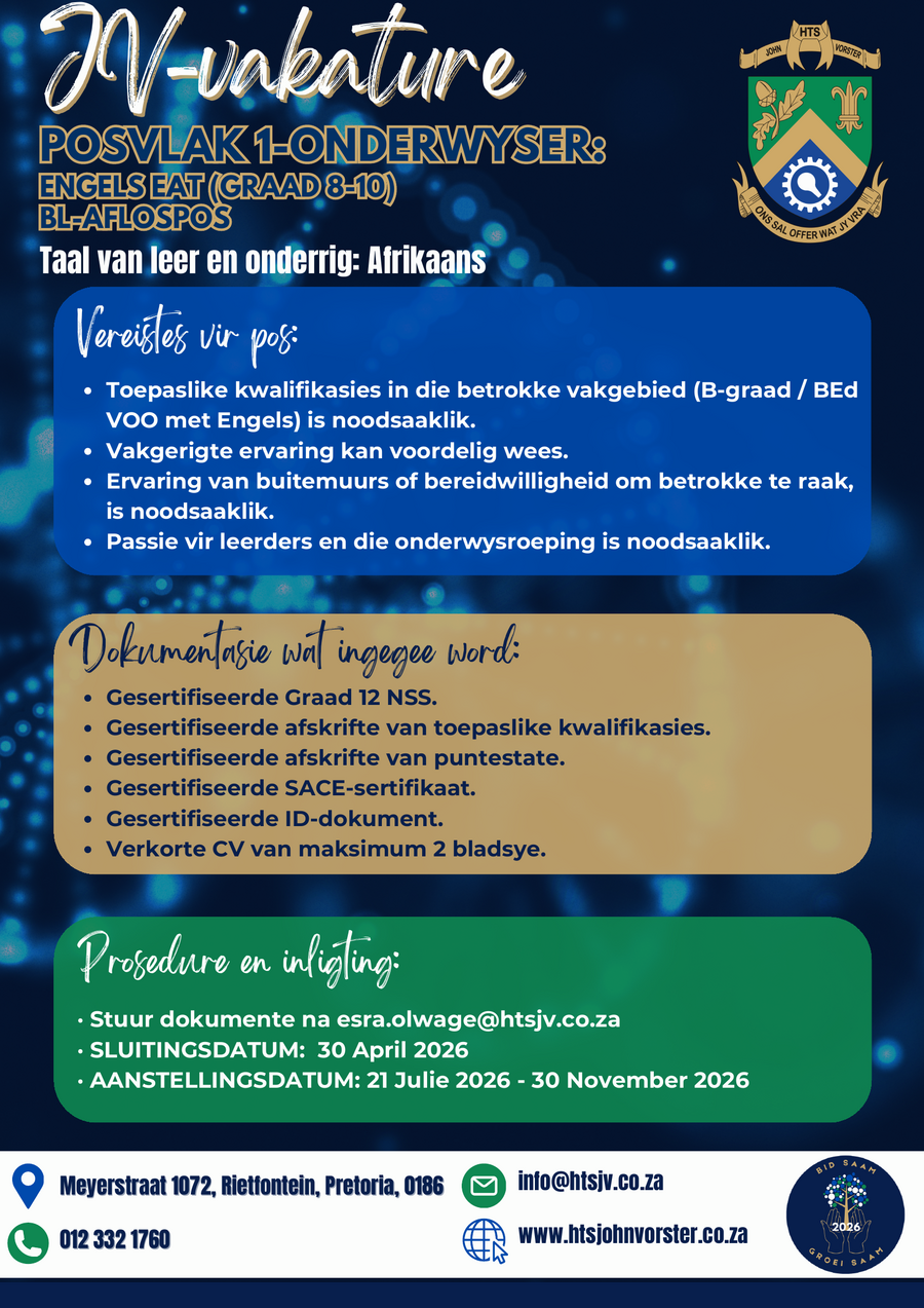 Posvlak 1-Onderwyser: Engels (Gr 8-12) — BL Aflospos